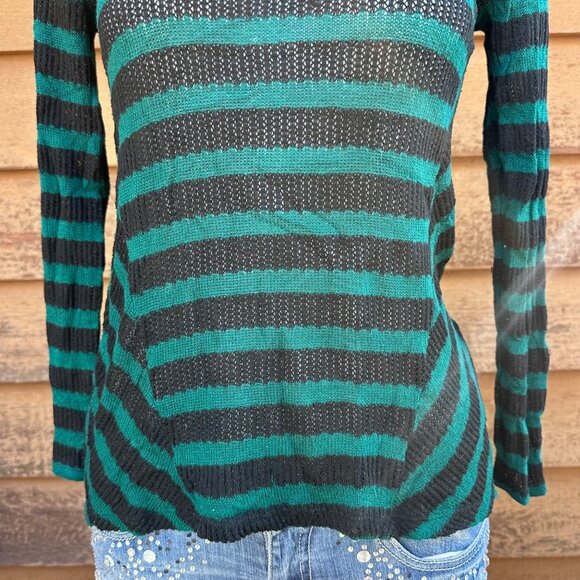 AB Studio Green & Black Striped Long-Sleeve Knit Top Size M - Picture 7 of 9